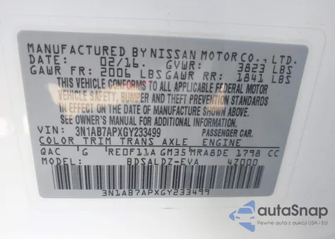 2016 Nissan Sentra Sv from USA, damaged, VIN 3N1AB7APXGY233499